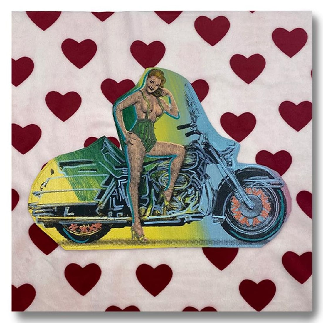 Steve Kaufman (1960-2010), "Biker Gal" Hand Signed and Numbered Limited Edition Hand Pulled: Biker Gal is a limited edition hand pulled silkscreen mixed media on mixed media by Andy Warhol protege Steve Kaufman (1960-2010). This piece is numbered and 53/100 and hand signed inverso. Includes l