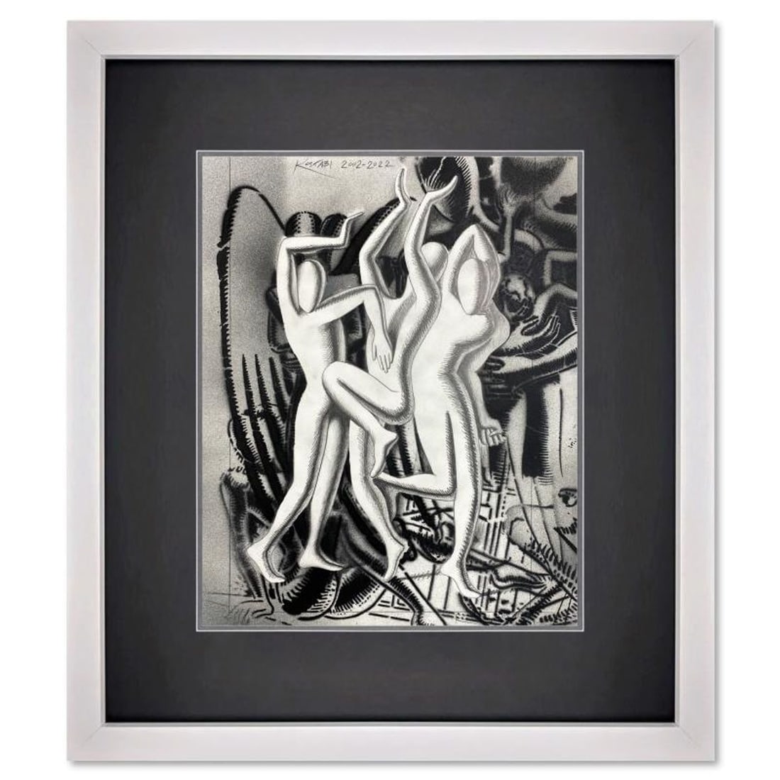 Mark Kostabi, "Touching Three Bases" Framed Original Mixed Media Drawing on Paper, Hand Signed with: Touching Three Bases is an original mixed media drawing on paper by Mark Kostabi, hand signed by the artist. This piece comes custom framed. Includes Certificate of Authenticity. Measures approx. 20" 