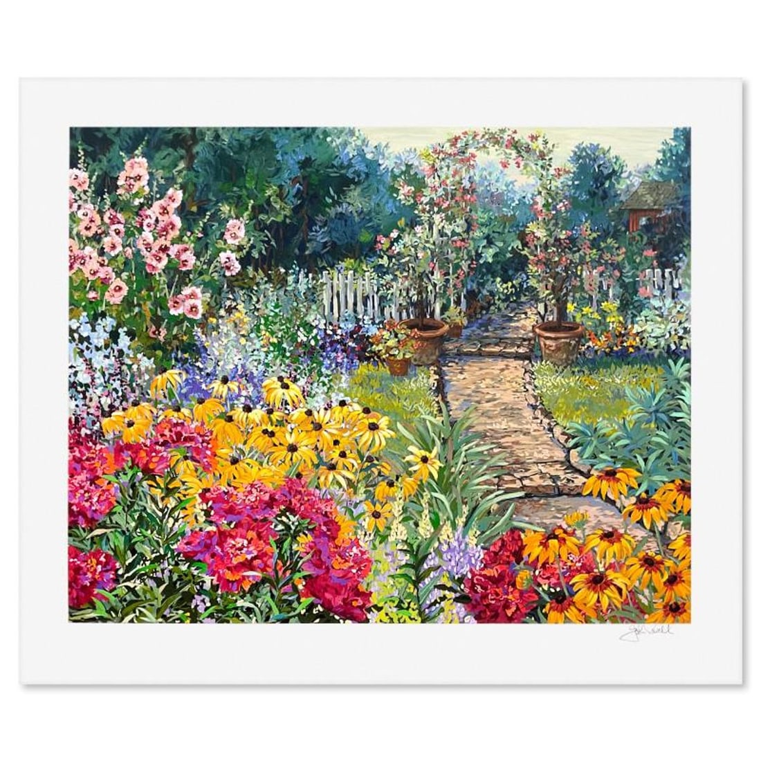 John Powell, "Cobblestone Arbor" Limited Edition Printer's Proof Serigraph, Numbered and Hand Signed: Cobblestone Arbor is a limited edition printer's proof serigraph on paper by John Powell, numbered and hand signed by the artist. Includes Letter of Authenticity. Measures approx. 29.5" x 35.5" (borde