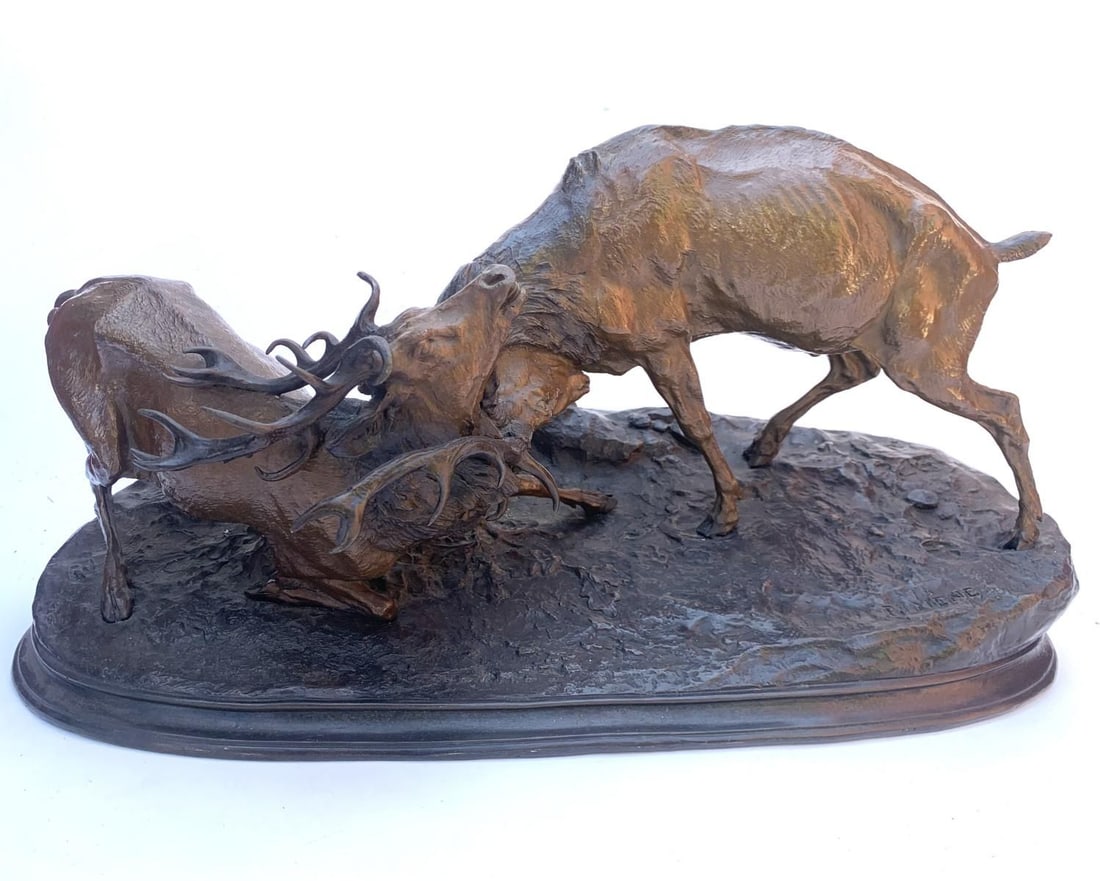 PJ Mene- Bronze Sculpture "Fighting Stag": Artist: PJ Mene. Medium: Bronze Sculpture. Title: Fighting Stag. Size: 12" x 12". Additional: Foundry : Collectors West inc - USA early 1980's. Please not the base has small scip on corner refer to im
