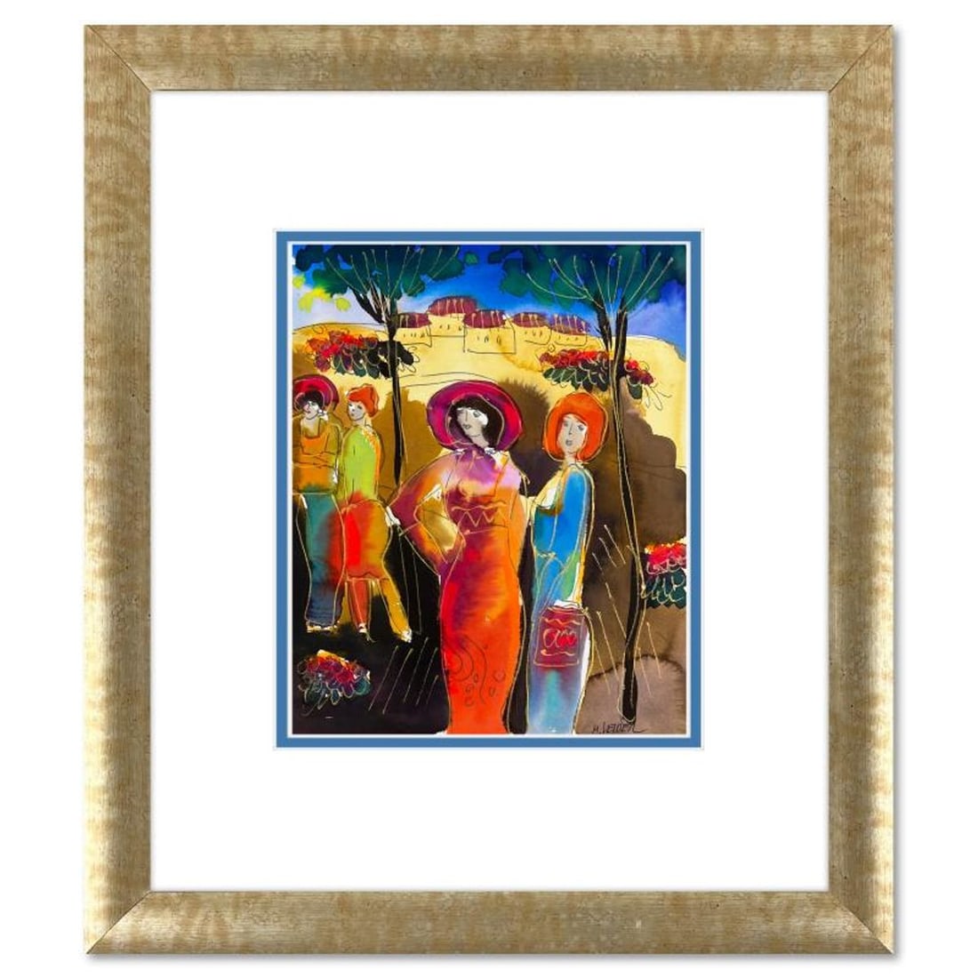 Moshe Leider, Framed Original Mixed Media Watercolor Painting, Hand Signed with Letter of