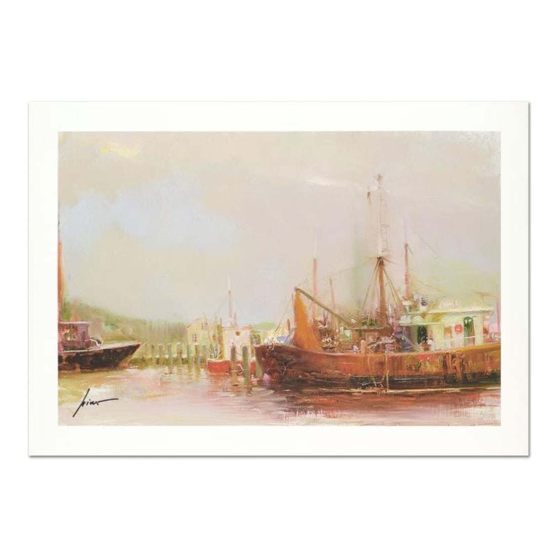 Pino (1939-2010) "At The Dock" Limited Edition Giclee. Numbered and Hand Signed; Certificate of: At The Dock is a limited edition giclee on paper by Pino (1939-2010). The piece comes numbered and is hand signed by the artist. Includes Certificate of Authenticity. Measures approximately 14" x 21"(