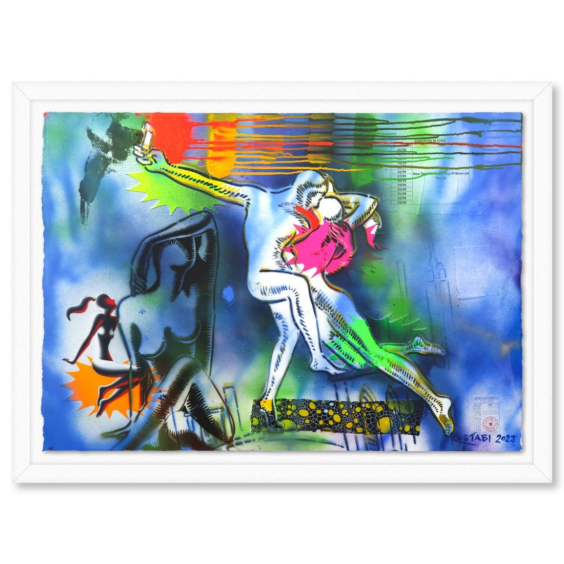 Mark Kostabi- Original Mixed Media on Paper "When Ecstasy and Harmony Collide": Artist: Mark Kostabi. Medium: Original Mixed Media on Paper. Title: When Ecstasy and Harmony Collide. Size: 29" x 42". Measures approx. 35" x 47" (framed). Signature: Hand signed. Certificate of Authe