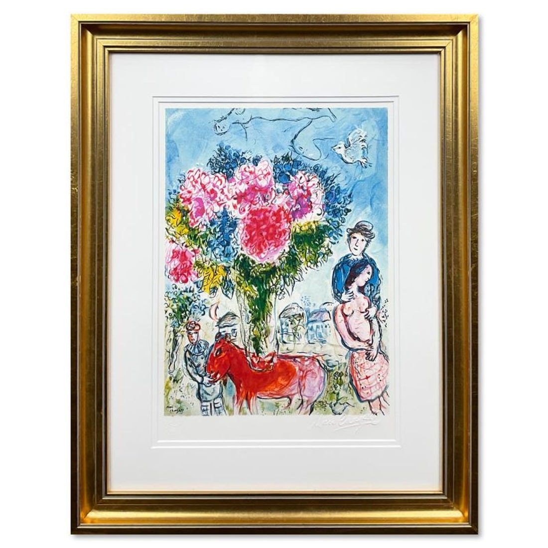 Marc Chagall, "Personnages Fantastiques" Framed Limited Edition Lithograph with Letter of: Personnages Fantastiques is a framed limited edition lithograph on paper by Marc Chagall (1887-1985) authorized by the Chagall Estate and ADAGP Paris. This piece comes custom framed. The piece is plat