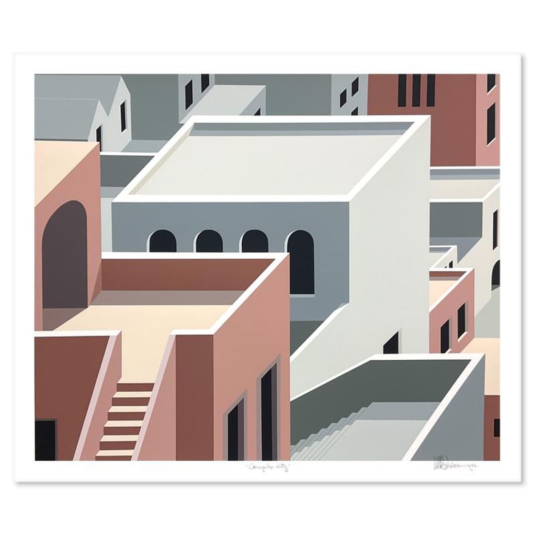 William Schlesinger (1915-2011), "Complex City" Limited Edition Serigraph, Numbered and Hand Signed: Complex City is a limited edition serigraph on paper by William Schlesinger (1915-2011), numbered and hand signed by the artist. Includes Letter of Authenticity. Measures approx. 30.5" x 25.5" (border