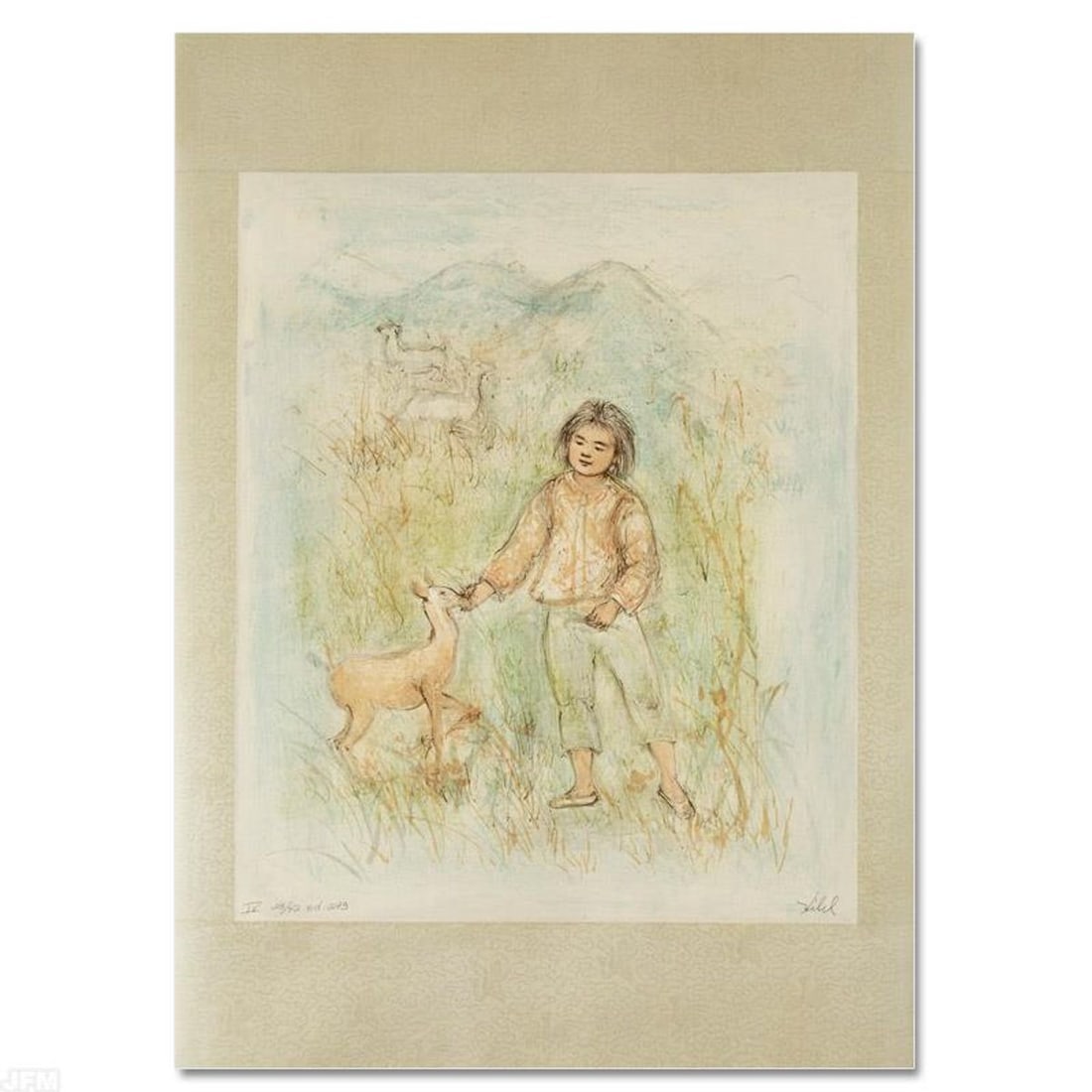 The Forest Friend Limited Edition Lithograph by Edna Hibel (1917-2014), Numbered and Hand Signed: The Forest Friend is a limited edition lithograph on paper, numbered and hand signed by Edna Hibel (1917-2014). Includes Certificate of Authenticity! Measures approx. 20" x 30" (with border) 16" x 19.
