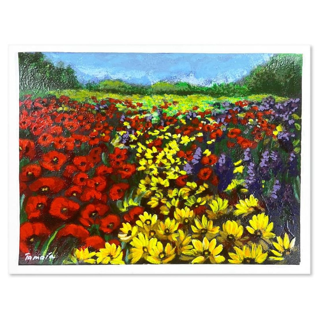 Tamara Spolianski, "Flower Landscape I" Hand Signed, Numbered Limited Edition Serigraph with Letter: Flower Landscape I is a limited edition serigraph on paper by Tamara Spolianski. The piece comes hand signed by the artist, numbered, and with a letter of authenticity. Measures approximately 10" x 13