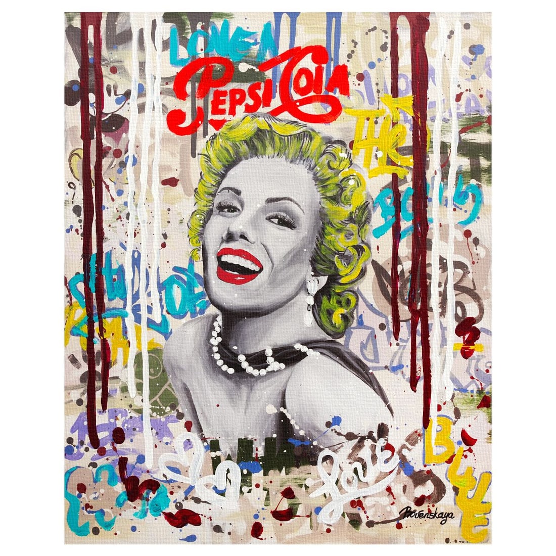 Nastya Rovenskaya- Mixed Media on Canvas "Neon Marilyn": Artist: Nastya Rovenskaya. Medium: Mixed Media on Canvas. Title: Neon Marilyn. Size: 30" x 24". Signature: Hand Signed. Certificate of Authenticity: Is included. Reference#: 30213.