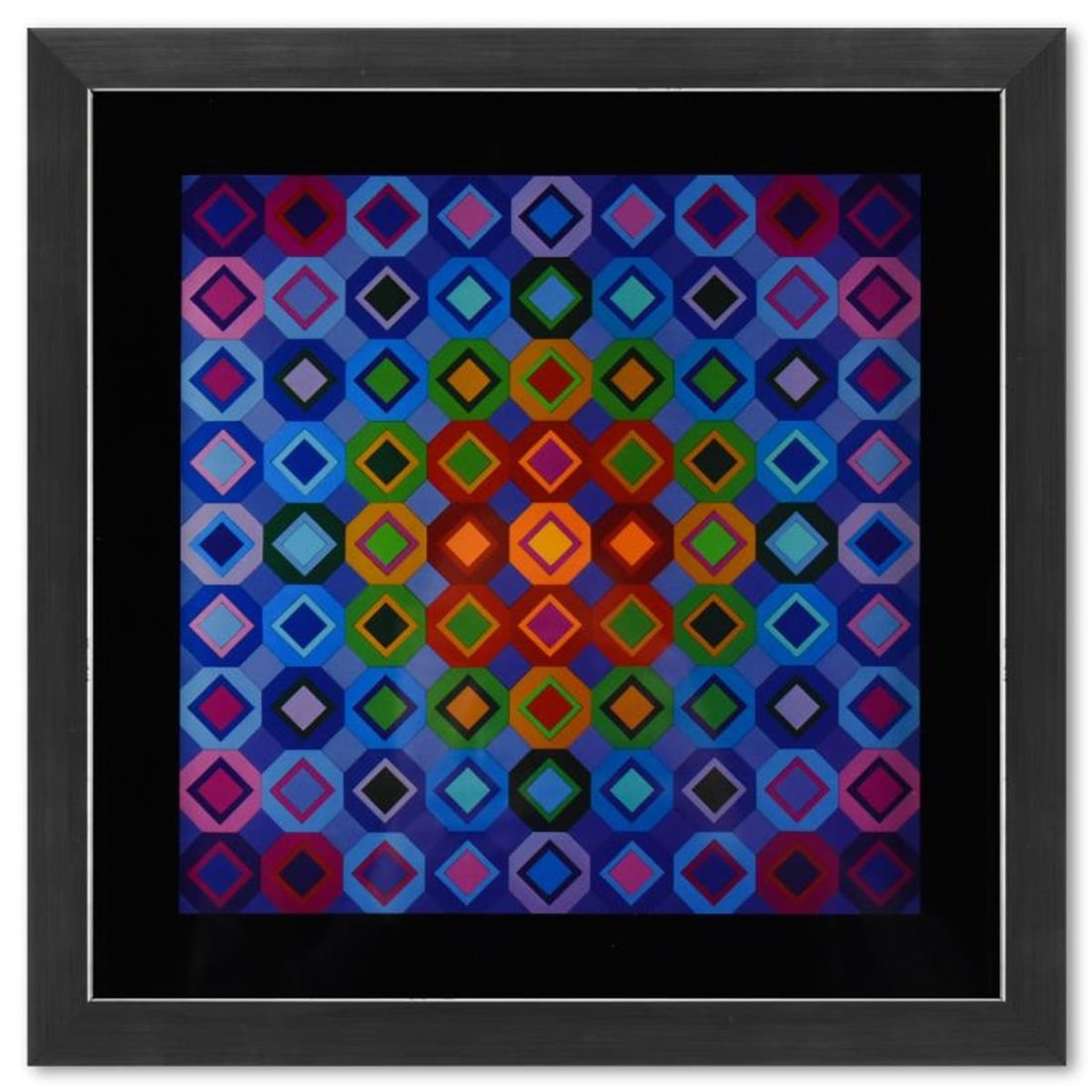 Victor Vasarely (1908-1997), "Folkokta de la serie Structures Universelles De L'Octogone" Framed: Okta - Stri, Planetary, et Ondocto - Re de la serie Structures Universelles De L'Octogone is a heliogravure print on paper, published in 1975, by Victor Vasarely (1908-1997). This piece comes custom f