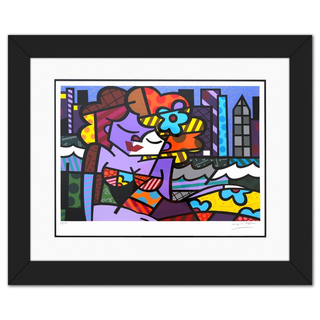 Romero Britto- Serigraph "Downtown Girl": Artist: Romero Britto. Medium: Serigraph. Title: Downtown Girl. Size: 18" x 25". Measures approx. 29" x 36" (framed). Signature: Hand signed and numbered. Certificate of Authenticity: Is included. Add