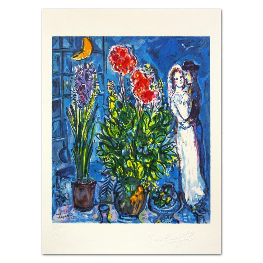 Marc Chagall (1887-1985), "Les Maries" Limited Edition Lithograph with Letter of Authenticity.: Les Maries is a limited edition lithograph on paper by Marc Chagall (1887-1985). Printed by Atelier Tete a Tete in Paris and authorized by the Chagall Estate and ADAGP Paris , the piece is plate signe