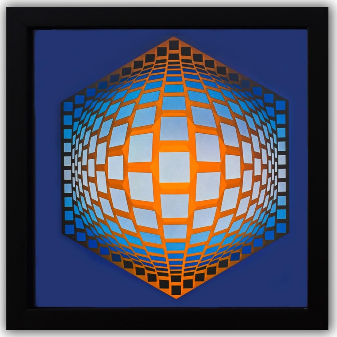 Victor Vasarely- Heliogravure Print "Tegla - Hat": Artist: Victor Vasarely. Medium: Heliogravure Print. Title: Tegla - Hat. Size: 10" x 10". Measures approx. 12" x 12" (framed). Additional: Custom Framed , 1975. Reference#: 21407.