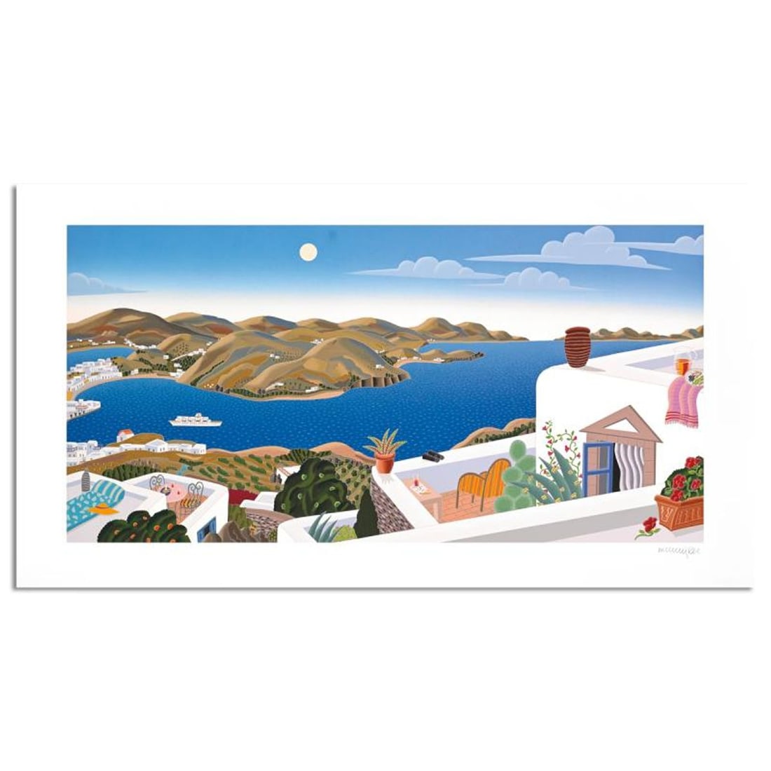 Thomas Mcknight, "Patmos Panorama (right)" Limited Edition Serigraph, Numbered and Hand Signed with: Patmos Panorama (Right) is a limited edition serigraph on paper by Thomas Mcknight, numbered and hand signed by the artist. Includes Letter of Authenticity. Measures approx. 23" x 42" (border), 18" x 