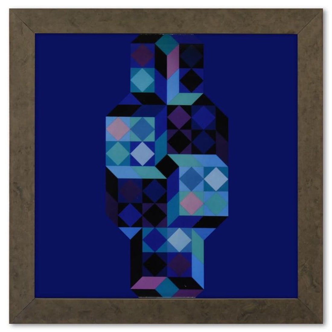 Victor Vasarely (1908-1997), "Tridim - G de la serie Hommage A L'Hexagone" Framed 1971 Heliogravure: Tridim - G de la serie Hommage A L'Hexagone is a heliogravure print on paper, published in 1971, by Victor Vasarely (1908-1997). This piece comes custom framed, with a letter of authenticity and with 