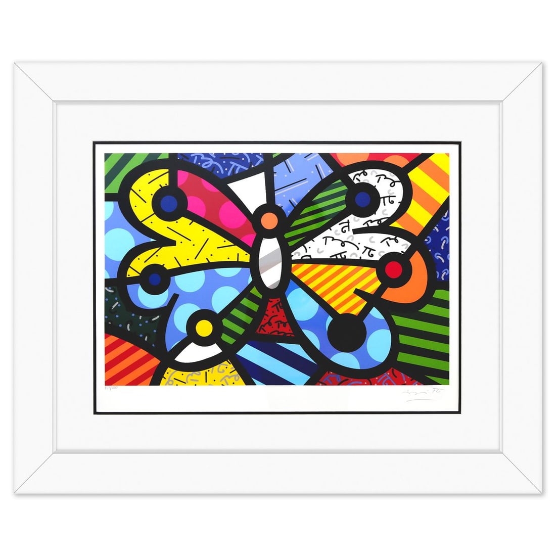 Romero Britto- Serigraph "Garden Butterfly": Artist: Romero Britto. Medium: Serigraph. Title: Garden Butterfly. Size: 18" x 25". Measures approx. 29" x 36" (framed). Signature: Hand signed and numbered. Certificate of Authenticity: Is included. 