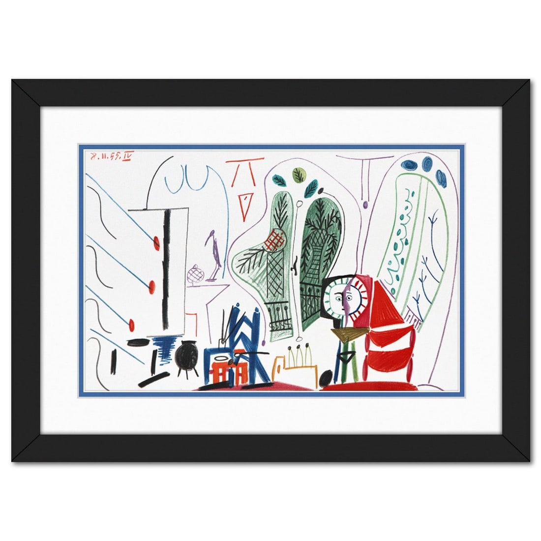 After Pablo Picasso- Lithograph on Rivoli paper "Carnet de Californie 30": Artist: After Pablo Picasso. Medium: Lithograph on Rivoli paper. Title: Carnet de Californie 30. Size: 10" x 16". Measures approx. 16" x 22" (framed). Certificate of Authenticity: Is included. Referen