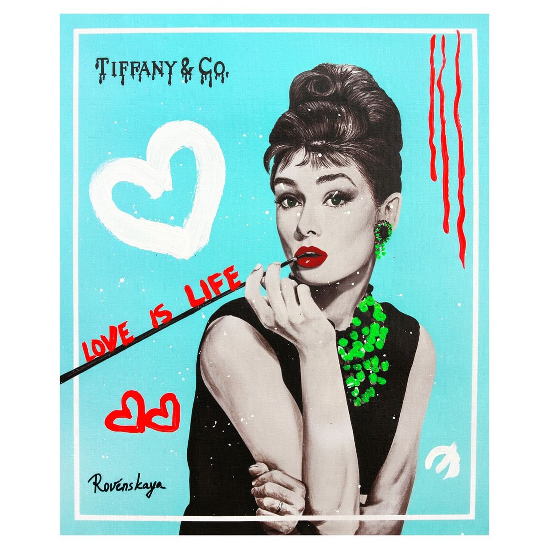 Nastya Rovenskaya- Mixed Media on Canvas "Audrey I": Artist: Nastya Rovenskaya. Medium: Mixed Media on Canvas. Title: Audrey I. Size: 20" x 20". Signature: Hand signed. Certificate of Authenticity: Is included. Reference#: 49422.