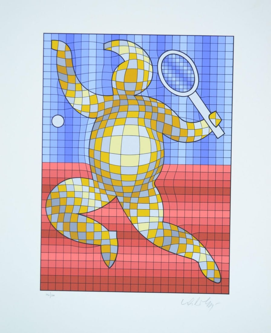 Victor Vasarely- Serigraph "Tennis Player": Artist: Victor Vasarely. Medium: Serigraph. Title: Tennis Player. Size: 18" x 14-1/2". Signature: Hand Signed and Numbered. Additional: Published in 1987. Reference#: 24980.