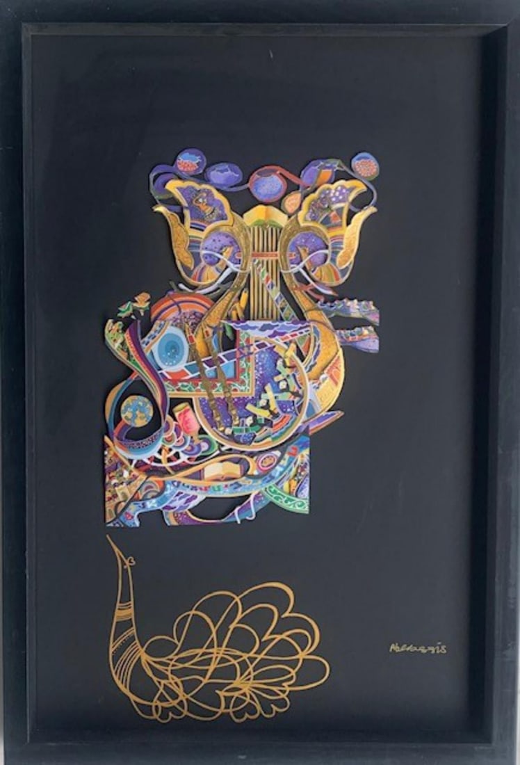 Raphael Abecassis - Mixed Media 3D decoupage with original drawing "Harp": Artist: Raphael Abecassis . Medium: Mixed Media 3D decoupage with original drawing . Title: Harp. Measures approx. 24" x 34" (framed). Reference#: 25003.