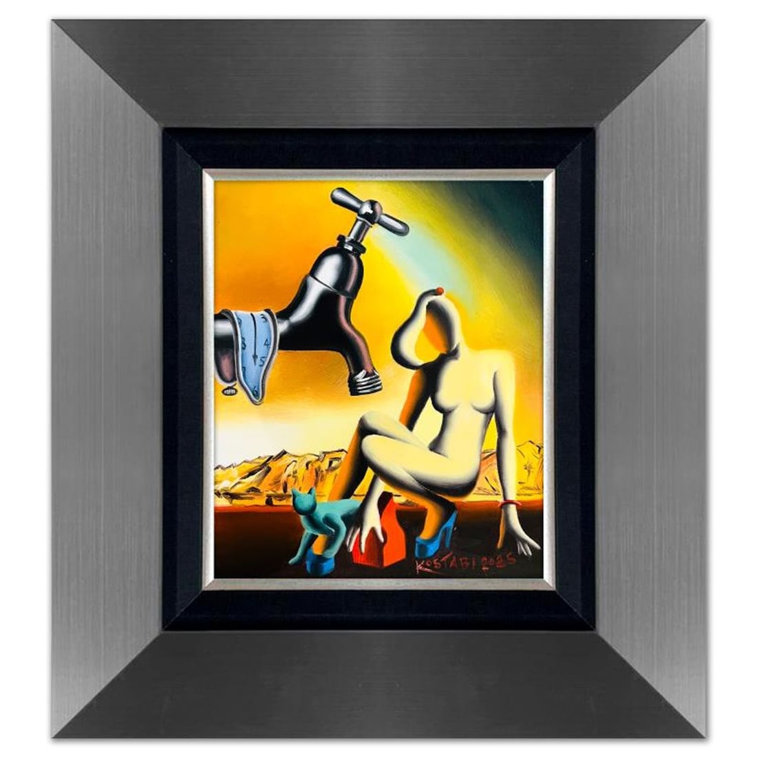 Mark Kostabi, "When Time Bends for Grace" Framed Original Oil Painting on Canvas, Hand Signed with a: When Time Bends for Grace is an original oil painting on canvas by Mark Kostabi, hand signed by the artist. This piece comes custom framed. Includes Certificate of Authenticity. Measures approx. 22" x