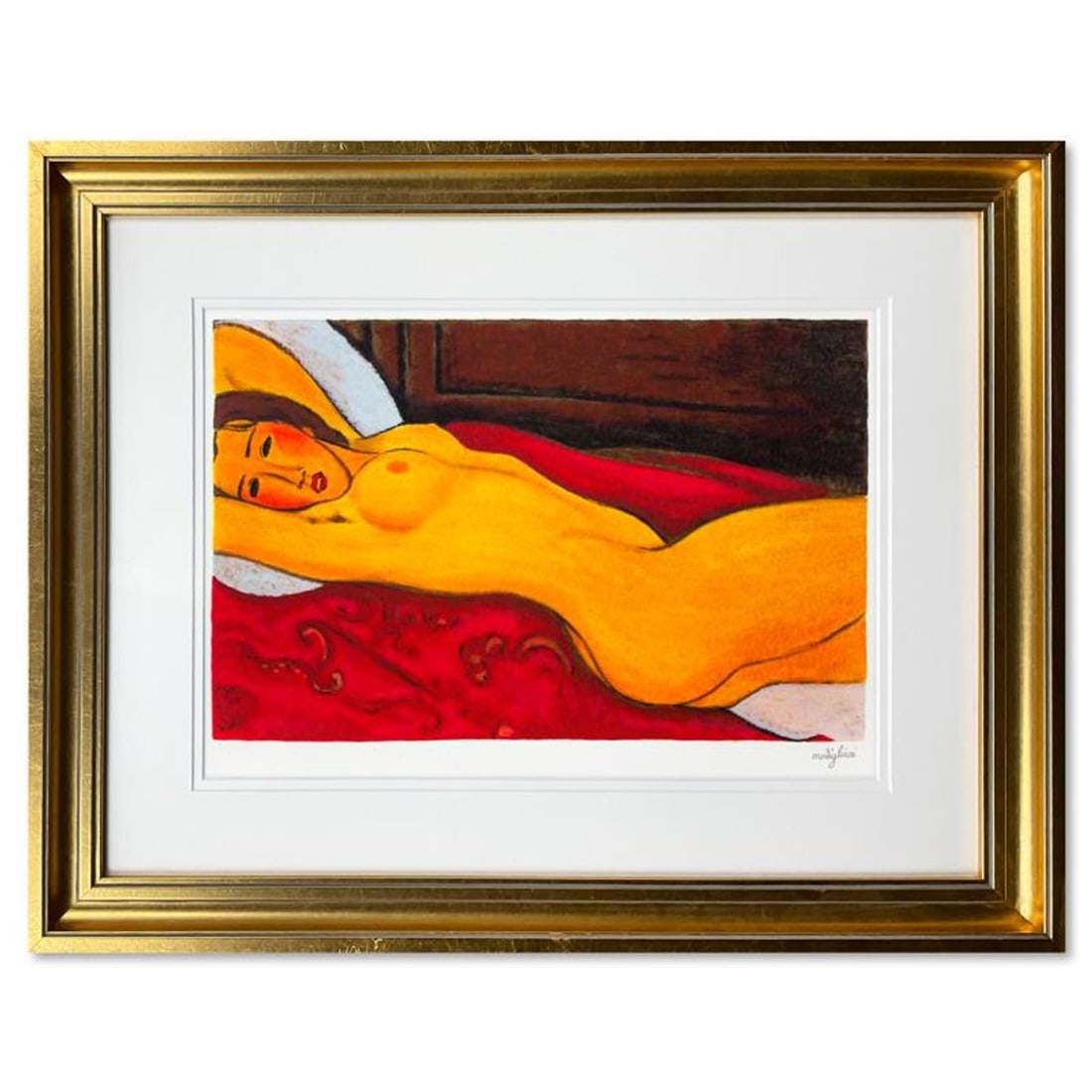 Modigliani (1884-1920)- Serigraph "Nudo Sdraiato Con Le Mani Dietro La Testa": Artist: Modigliani (1884-1920). Medium: Serigraph. Title: Nudo Sdraiato Con Le Mani Dietro La Testa. Size: 16.5" x 10.5". Measures approx. 27" x 25" (framed). Certificate of Authenticity: Is included.