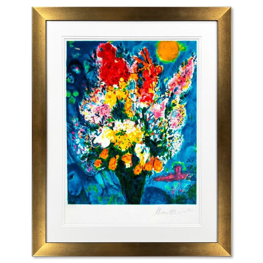 Marc Chagall (1887-1985), "Le Bouquet Illuminant Le Ciel" Framed Limited Edition Lithograph with: Le Bouquet Illuminant Le Ciel is a framed limited edition lithograph on paper by Marc Chagall (1887-1985). Printed by Atelier Tete a Tete in Paris and authorized by the Chagall Estate and ADAGP Paris 