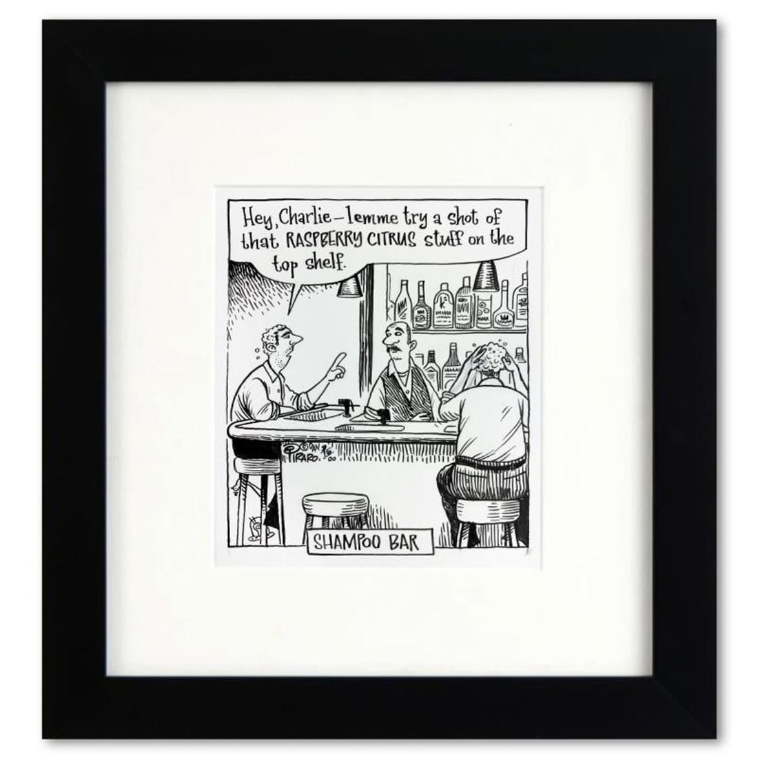 Bizarro, "Shampoo Bar" is a Framed Original Pen & Ink Drawing by Dan Piraro, Hand Signed with Letter: Enter a surreal and satirical world of twisted imagination and award winning creativity. "Shampoo Bar" is an original pen & ink drawing on paper by Dan Piraro, creator of the critically acclaimed and
