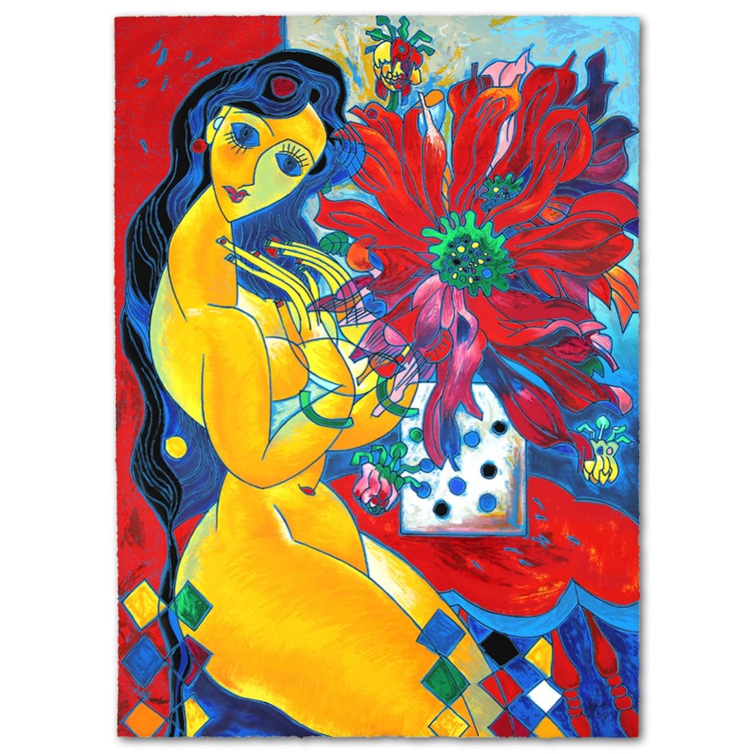 Jian Tie Feng- Silkscreen "Beauty and Flowers": Artist: Jian Tie Feng. Medium: Silkscreen. Title: Beauty and Flowers. Size: 44" x 31". Signature: Hand Signed and Numbered. Reference#: 80532.