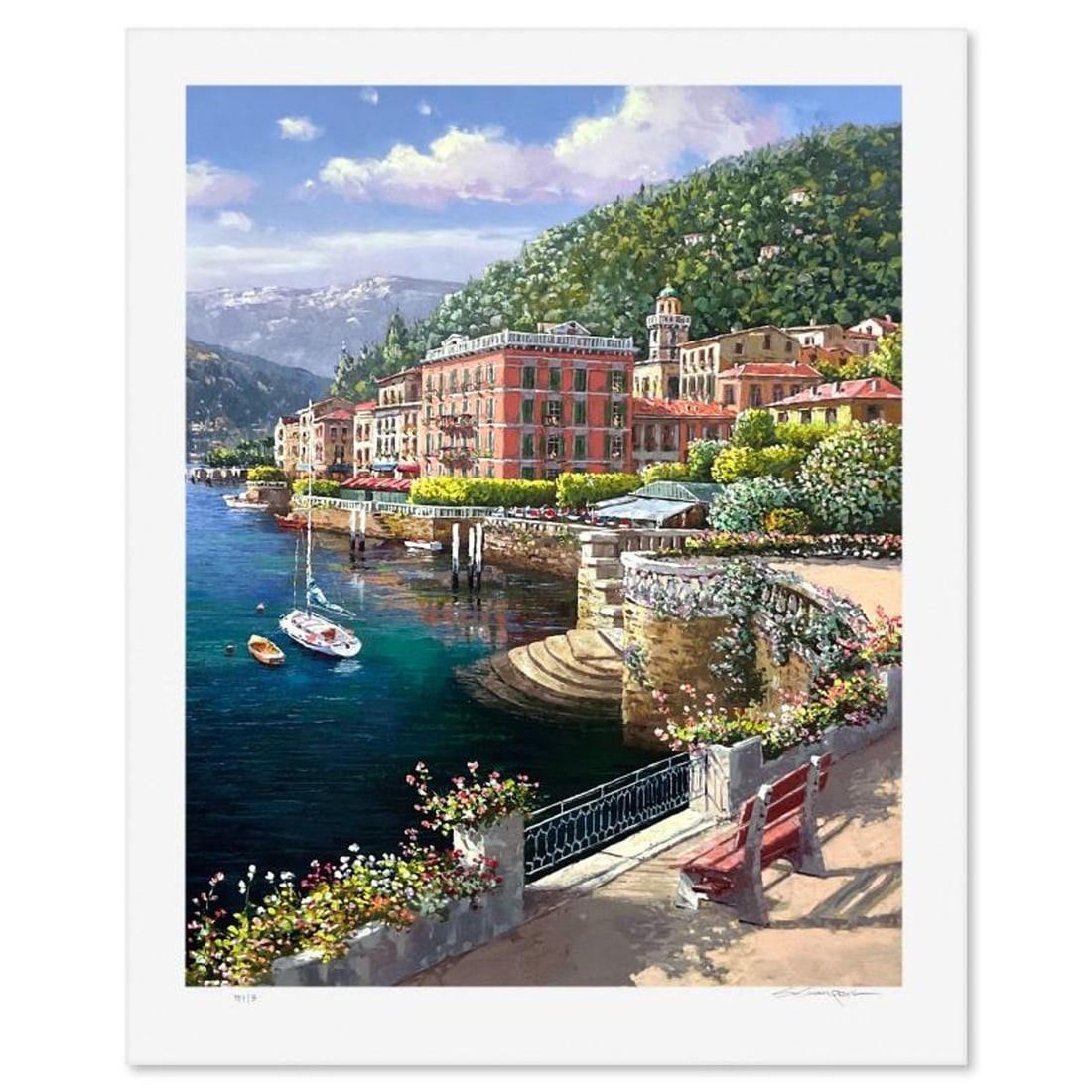 Sam Park, "Lakeside Bellagio" Limited Edition Printer's Proof Serigraph, Numbered 1/3 and Hand: Lakeside Bellagio is a limited edition printer's proof serigraph on paper by Sam Park, numbered 1/3 and hand signed by the artist. Includes Letter of Authenticity. Measures approx. 34.5" x 28" (border