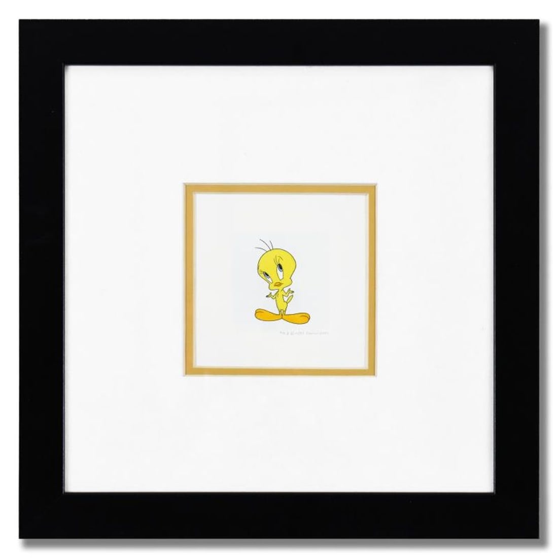 Tweety Bird Framed Limited Edition Etching with Hand-Tinted Color Numbered with Letter of: Tweety Bird is a limited edition etching on paper with hand-tinted coloring from Warner Bros, numbered and dated 1999. This piece comes framed. Measures approximately 14" x 14" (frame), 2.5" x 2.5"