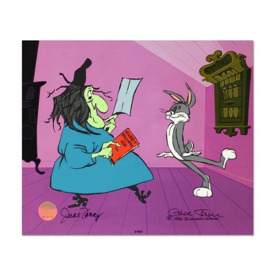 Chuck Jones "Rabbit Recipes" Hand Signed, Hand Painted Limited Edition Sericel.: Rabbit Recipes is a limited edition animation cel with hand painted coloring on sericel outline. The piece is numbered, hand signed by Chuck Jones (1912-2002), and includes a Certificate of Authentici
