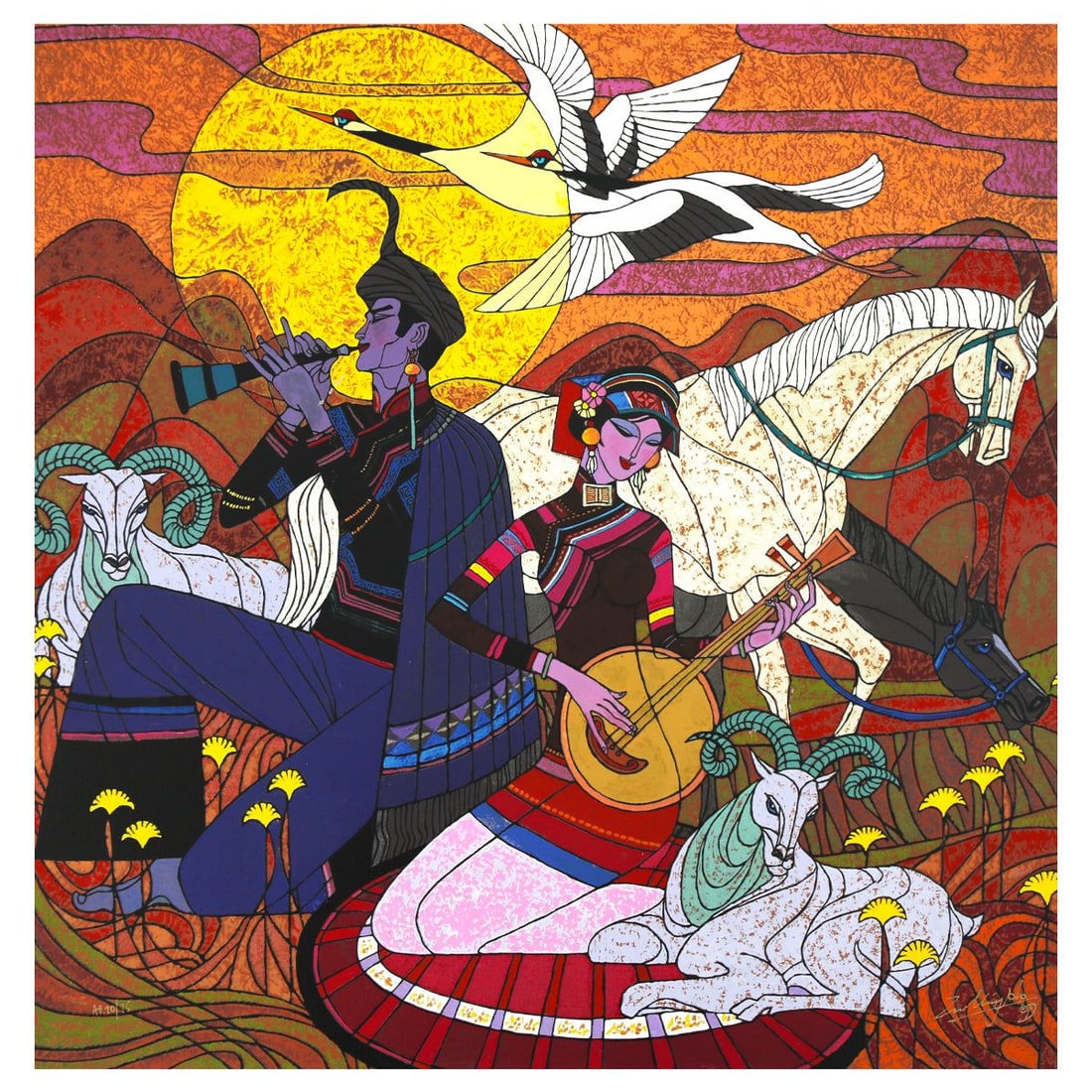 Zu Ming Ho- Silkscreen "In the Year of the Ram": Artist: Zu Ming Ho. Medium: Silkscreen. Title: In the Year of the Ram. Size: 24" x 24". Signature: Hand signed and numbered. Reference#: 74848.