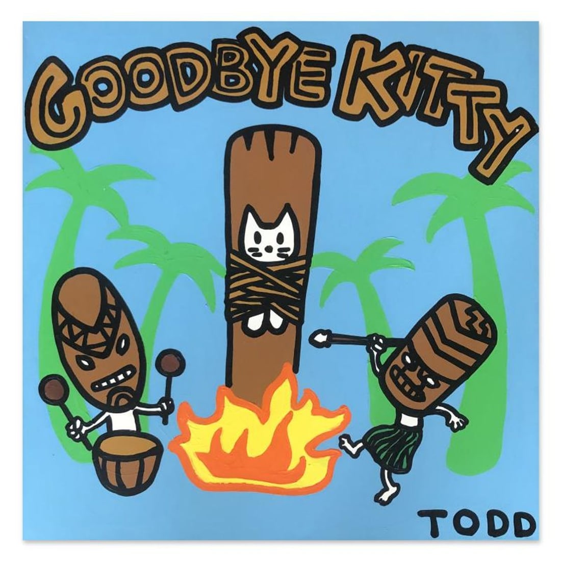 Todd Goldman, "Goodbye Kitty" Hand Signed Original Painting on Gallery Wrapped Canvas with Letter of: Goodbye Kitty is an original acrylic painting on gallery wrapped canvas by Todd Goldman. The piece is hand signed by the artist and includes a letter of authenticity. Measures approximately 36" x 36" 