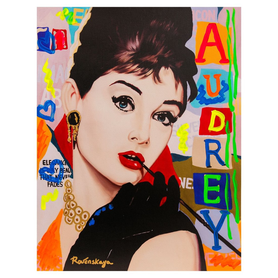 Nastya Rovenskaya- Mixed Media on Canvas "Audrey Hepburn": Artist: Nastya Rovenskaya. Medium: Mixed Media on Canvas. Title: Audrey Hepburn. Size: 20" x 16". Signature: Hand signed. Certificate of Authenticity: Is included. Reference#: 49401.