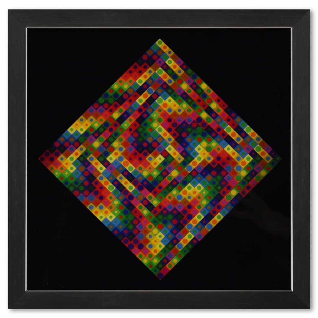 Victor Vasarely (1908-1997), "Majus de la serie Folklore Planetaire" Framed 1971 Heliogravure Print: Majus de la serie Folklore Planetaire is a heliogravure print on paper, published in 1971, by Victor Vasarely (1908-1997). This piece comes custom framed, with a letter of authenticity and with a 1976