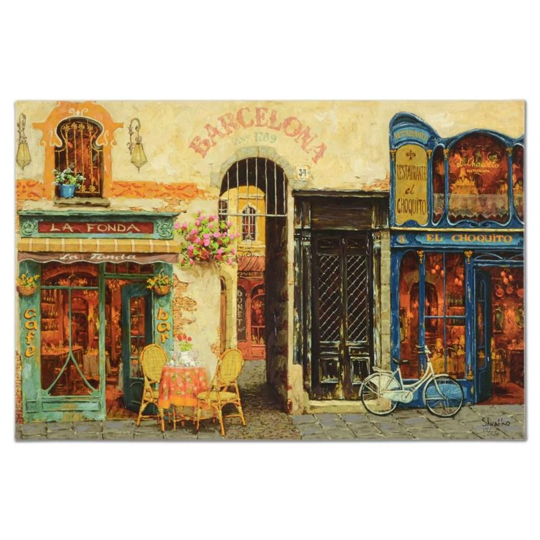 Viktor Shvaiko, "La Fonda" Hand Embellished Limited Edition on Canvas, Numbered and Hand Signed with: La Fonda is a hand embellished limited edition giclee on stretched canvas by Viktor Shvaiko, numbered and hand signed by the artist. Includes Letter of Authenticity. Measures approx. 30" x 20" (image)