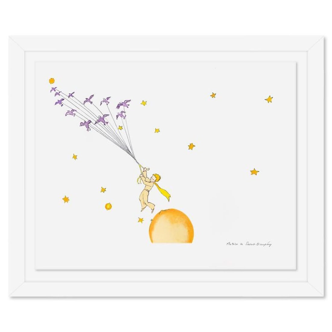 Antoine de Saint-Exupery 1900-1944 (After), "The Little Prince Flying Away" Framed Limited Edition: The Little Prince Flying Away is a limited edition lithograph by Antoine de Saint-Exupery (1900-1944), bearing the plate signature of the artist. This piece comes from an edition of 300 authorized by 