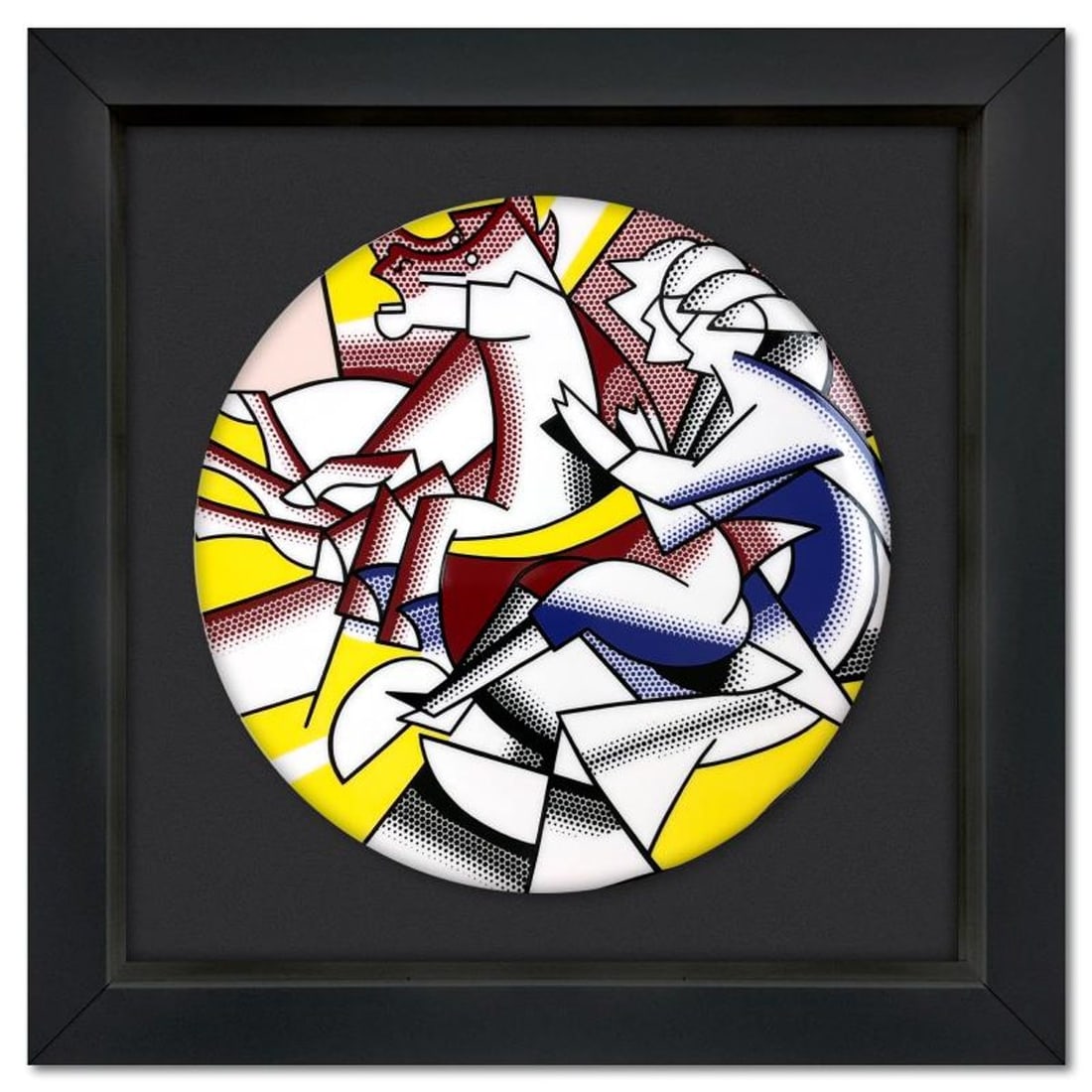 Roy Lichtenstein (1923-1997), "The Red Horseman" Framed Limoges Porcelain Plate.: The Red Horseman is a Limoges porcelain plate featuring art by Roy Lichtenstein (1923-1997). This plate is custom framed and floated on linen. Measures approx. 16" x 16" (frame), 11" (plate diameter).