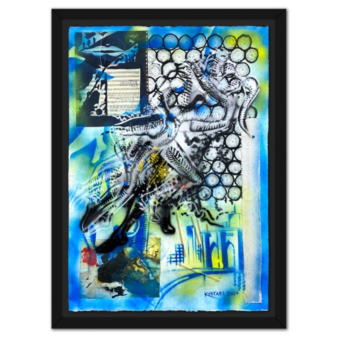 Mark Kostabi, "Harmony in Motion" Framed Original Mixed Media Painting, Hand Signed with Certificate: Harmony in Motion is an original mixed media painting on paper by Mark Kostabi, hand signed by the artist. The piece comes framed. Includes Certificate of Authenticity. Measures approx. 48" x 35.5" (f