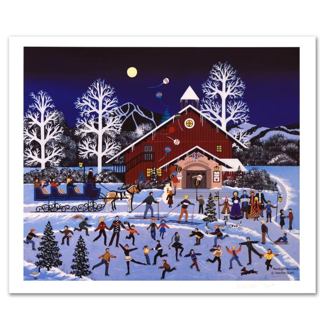 Jane Wooster Scott, "Moonlight Merriment" Hand Signed Limited Edition Lithograph with Letter of: Moonlight Merriment is a limited edition lithograph on paper by Jane Wooster Scott. The piece is hand signed and numbered and comes with a letter of authenticity. Measures approx. 21" x 19" (with bord