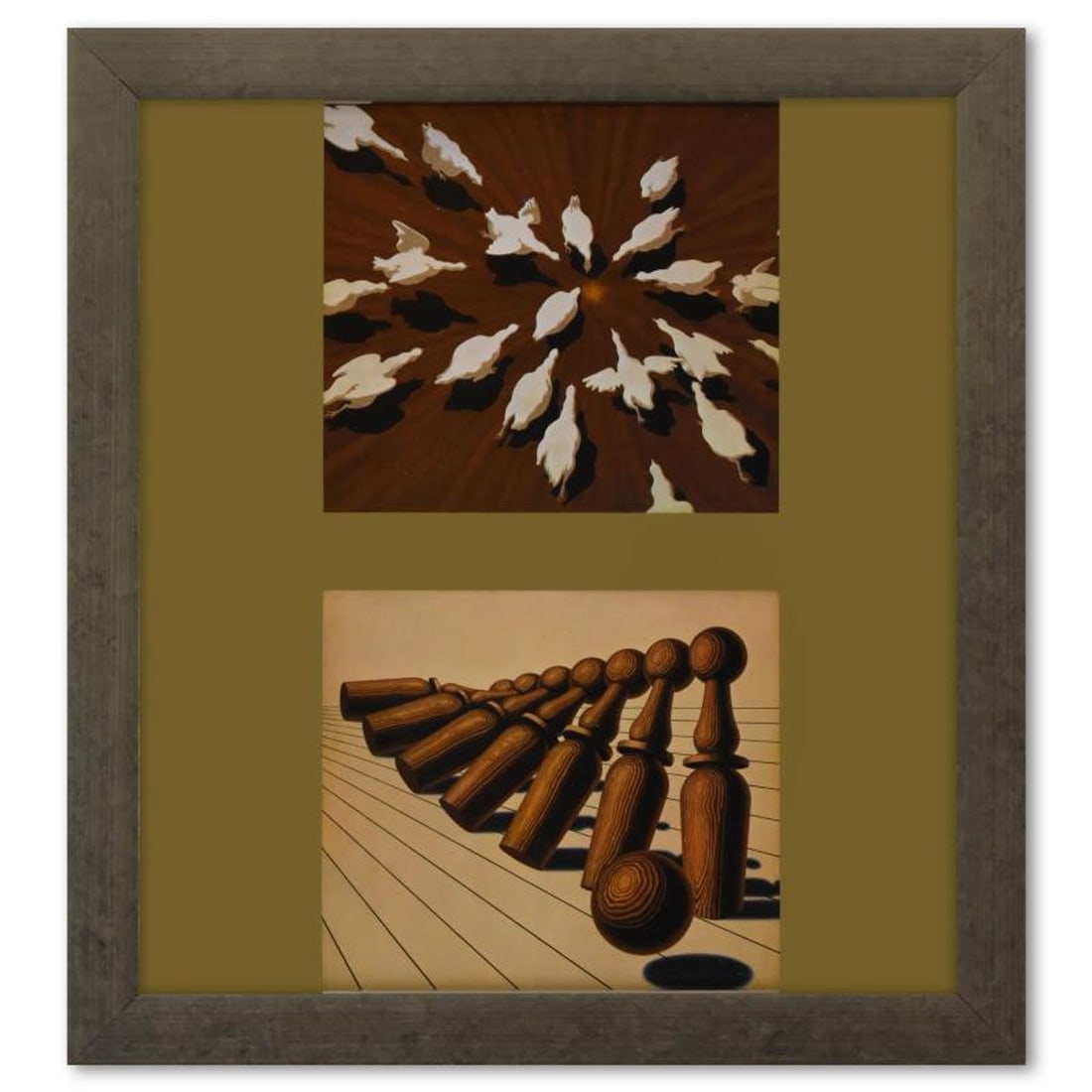 Victor Vasarely (1908-1997), "Etude De Mouvement (Basse - Cour, Quilles) de la serie Graphismes 1": Etude De Mouvement (Basse - Cour, Quilles) de la serie Graphismes 1 is a heliogravure print on paper, published in 1977, by Victor Vasarely (1908-1997). This piece comes custom framed, with a letter o