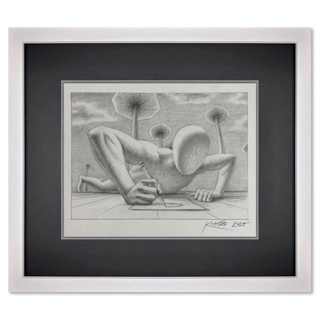 Mark Kostabi, "Fast Forward" Framed Original Drawing on Paper, Hand Signed with Certificate of: Fast Forward is an original drawing on paper by Mark Kostabi, hand signed by the artist. This piece comes custom framed. Includes Certificate of Authenticity. Measures approx. 13.5" x 15" (frame), 7.5