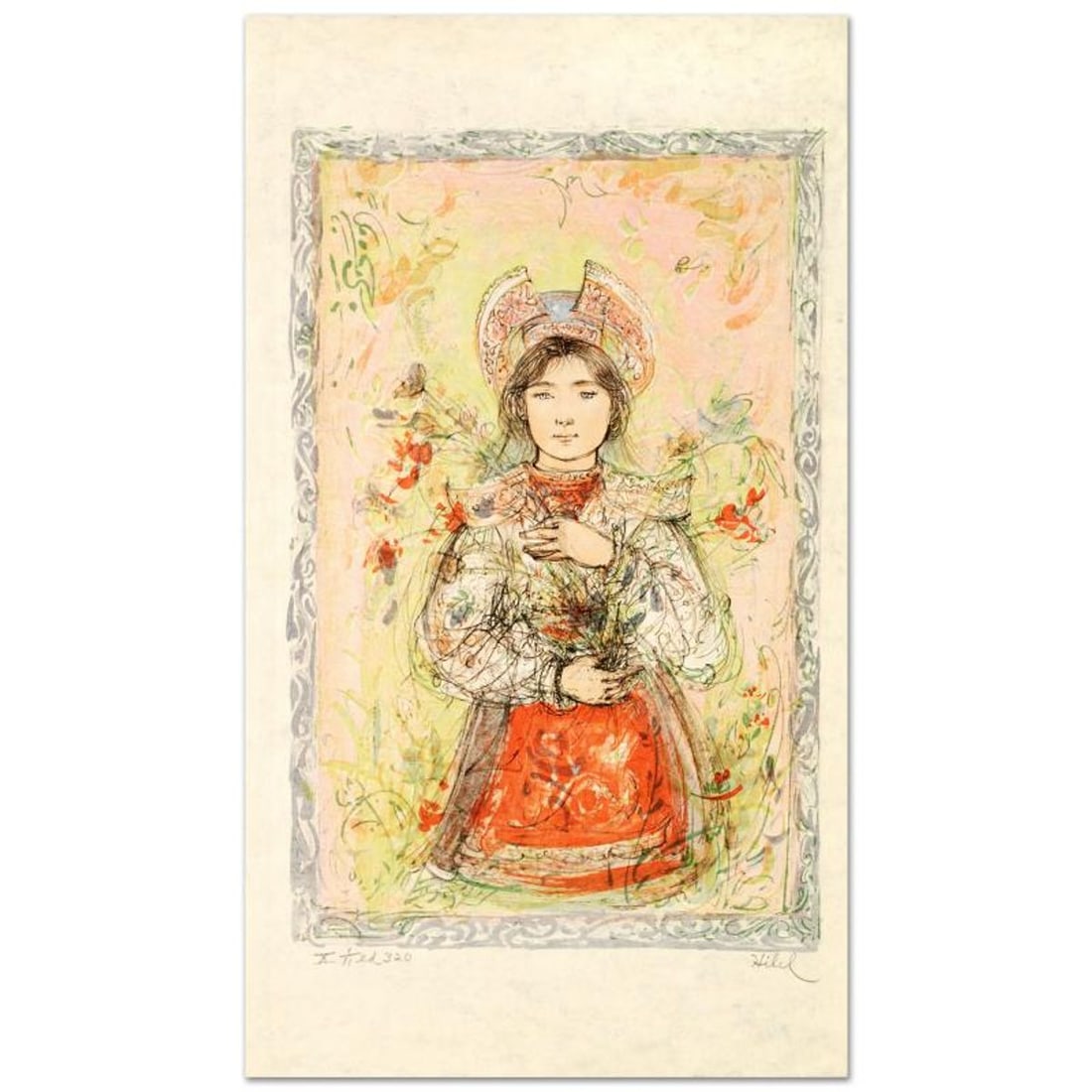 Tonnette Limited Edition Lithograph by Edna Hibel (1917-2014), Numbered and Hand Signed with: Tonnette is a limited edition lithograph on rice paper, numbered and hand signed by Edna Hibel (1917-2014). Includes Certificate of Authenticity! Measures approx. 13" x 22" (with border), 11" x 17" (i