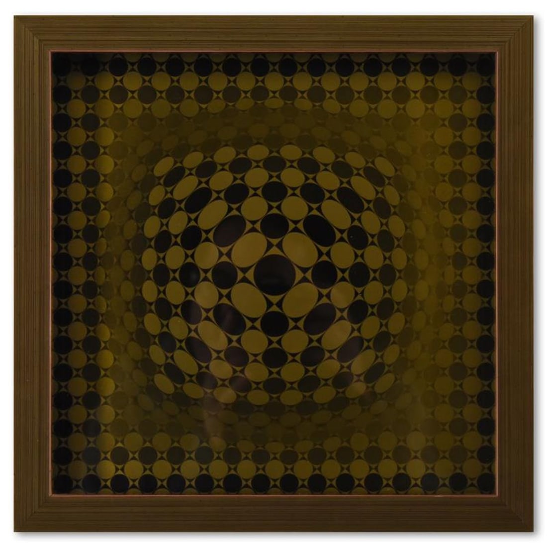Victor Vasarely (1908-1997), "Vega - JG de la serie Vega" Framed 1971 Heliogravure Print with Letter: Vega - JG de la serie Vega is a heliogravure print on paper, published in 1971, by Victor Vasarely (1908-1997). This piece comes custom framed, with a letter of authenticity and with a 1976 Vasarely p
