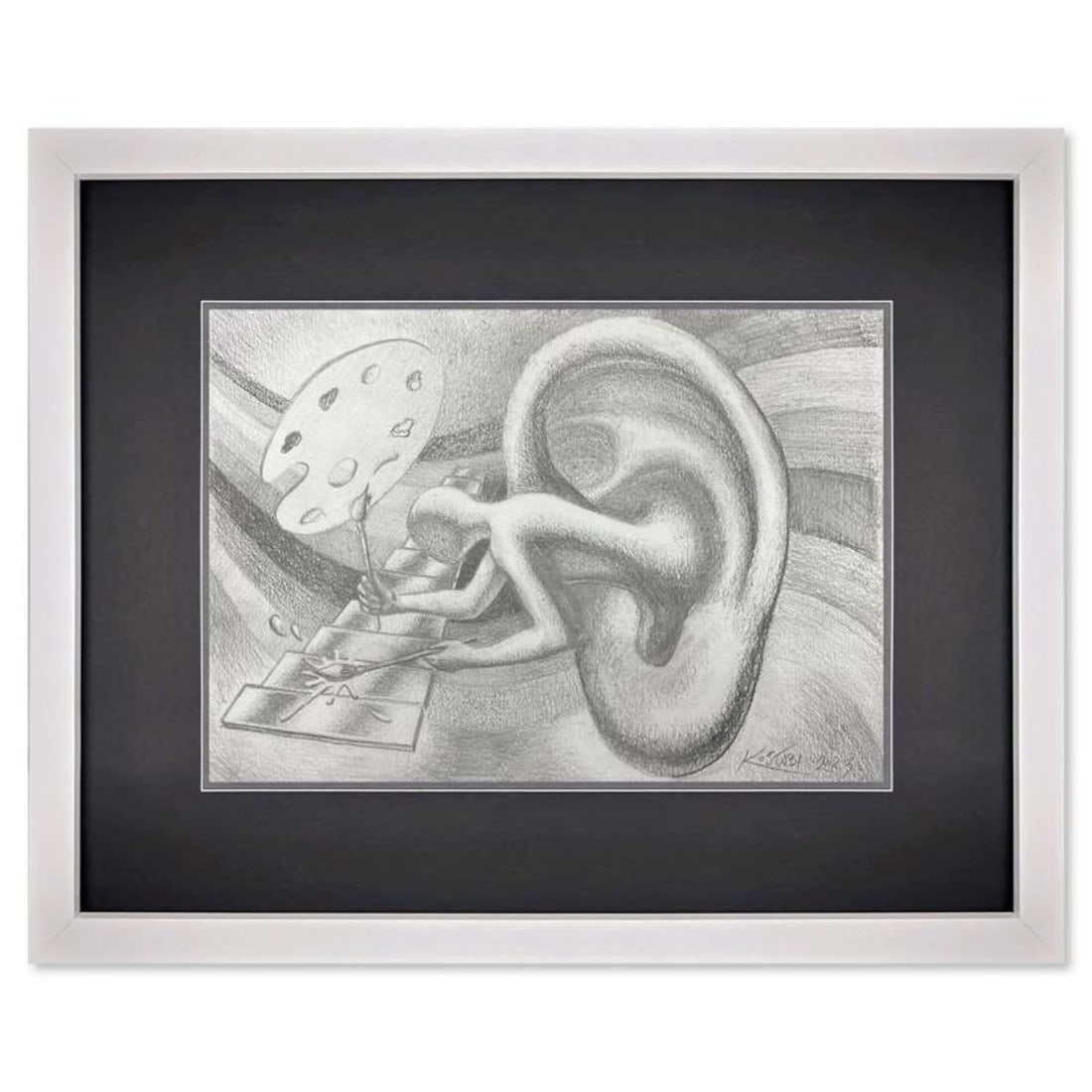 Mark Kostabi, "Audio Visionary" Framed Original Drawing on Paper, Hand Signed with Certificate of: Audio Visionary is an original drawing on paper by Mark Kostabi, hand signed by the artist. This piece comes custom framed and includes a certificate of authenticity. Measures approximately 14" x 17.5