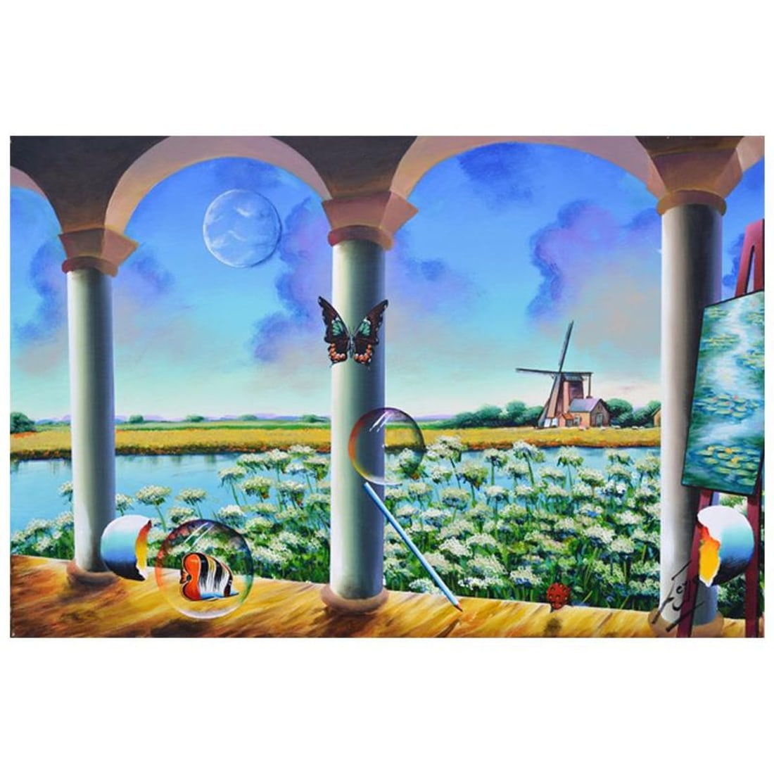 Ferjo, "A View in Holland" Original Painting on Canvas, Hand Signed with Letter of Authenticity. (1 of 10)