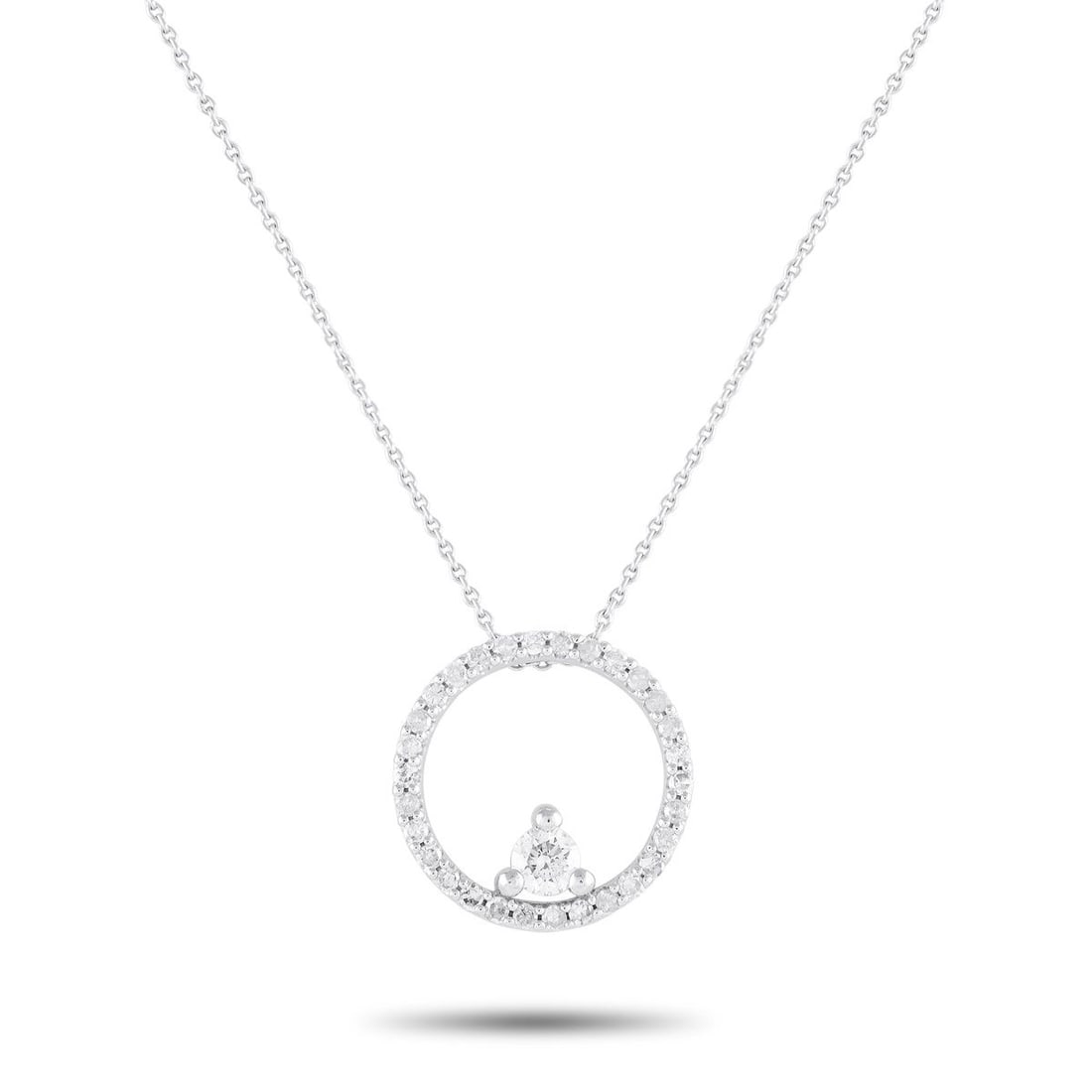 14K WHITE GOLD 0.25CT DIAMOND NECKLACE: Geometric forms and luxurious materials make this necklace a timeless piece that will never go out of style. The circular pendant measures 0.5 round and comes to life thanks to dazzling Diamonds with 