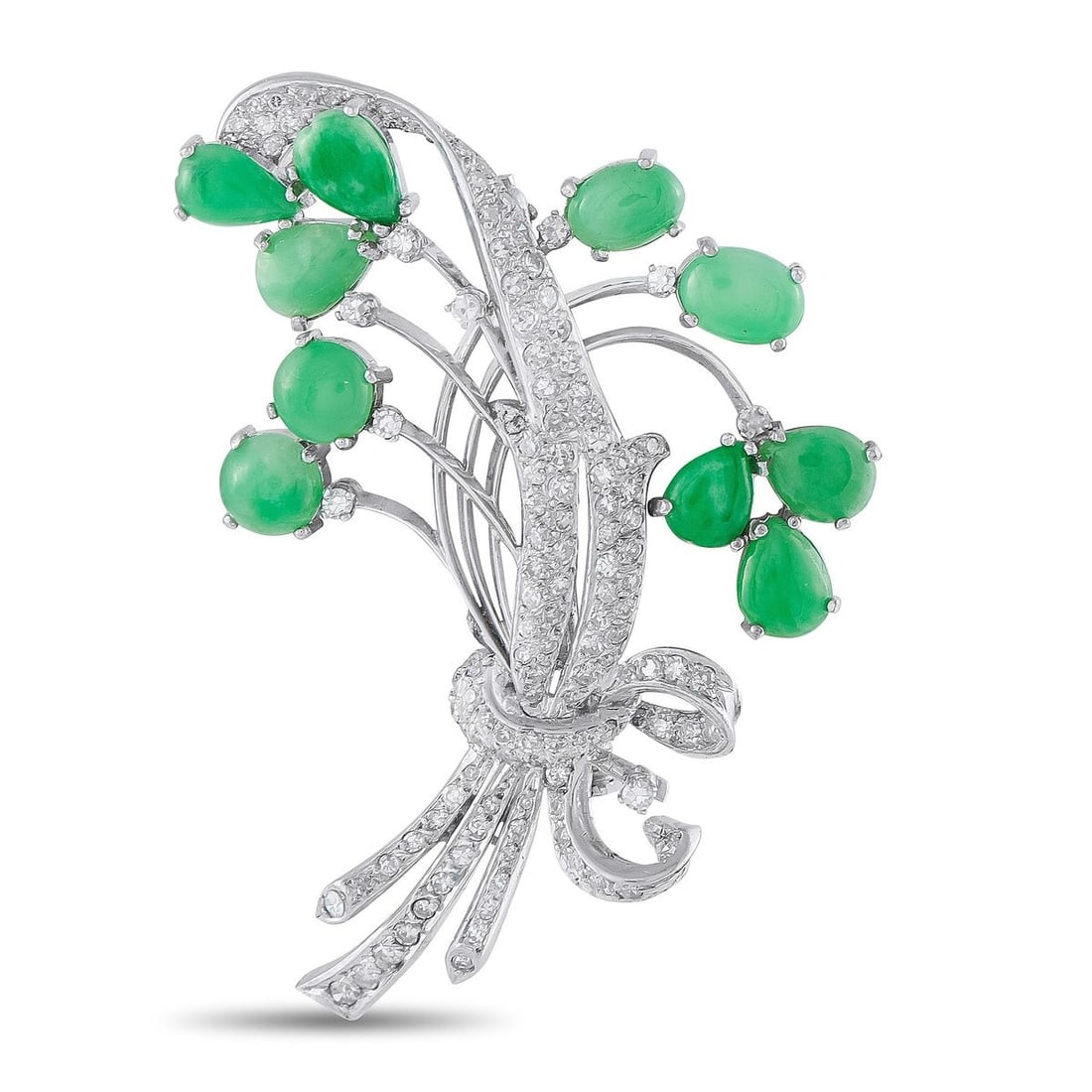 PLATINUM 1.10CT DIAMOND AND JADE FLORAL BROOCH (1 of 3)