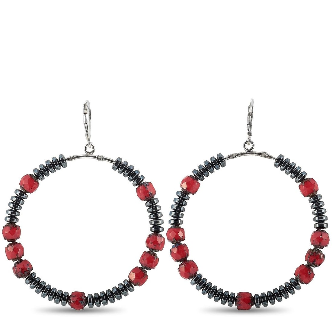 KING BABY SILVER HEMATITE AND CZECH GLASS BEAD HOOP EARRINGS: These King Baby hoop earrings are made of silver and embellished with hematites and Czech glass beads. The earrings measure 2.50 in height and boast a 2 hoop diameter, and each of the two weighs 9 gra
