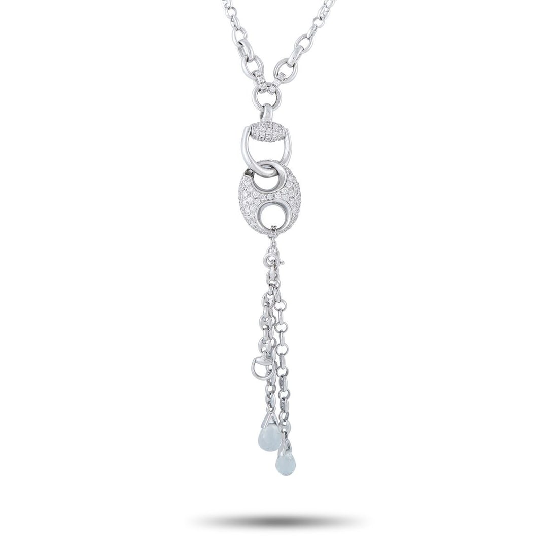 GUCCI HORSEBIT 18K WHITE GOLD 1.50CT DIAMOND NECKLACE: This Gucci Horsebit necklace showcases the brands most iconic motif in a fresh, contemporary design. Crafted from 18K White Gold, Diamonds with a total weight of 1.50 carats allow the hanging pendant 